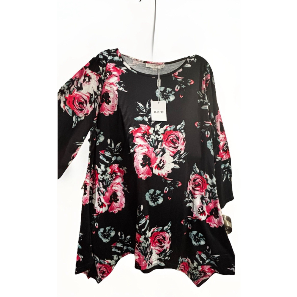 Womens Floral 3/4 Sleeve Handkerchief Hem Tunic• Haute Edition•Black •NWT sz Lg